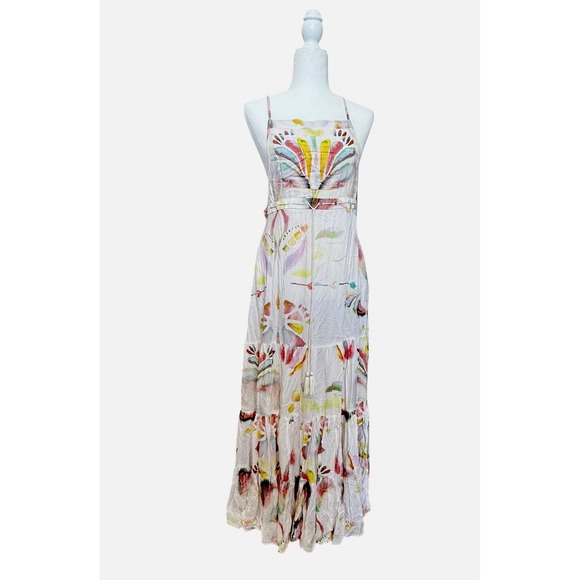 Free People Backless Maxi Dress NWT Size 12 Ivory Boho Watercolor Festival - Picture 1 of 16